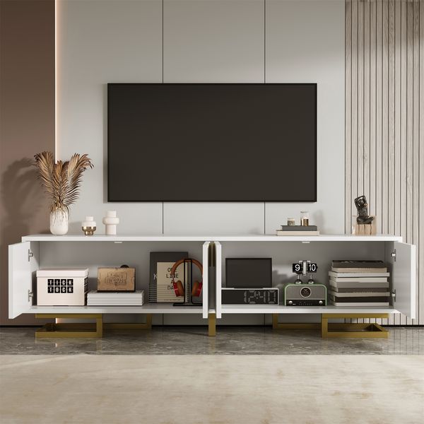 TV-Schrank 160 x 38 x 44,5 cm aus Spanplatte in Weiß mit 4 Türen und goldfarbenen Metallbeinen