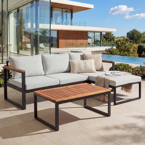 Garten-Garnitur HWC-L26b, Gartenlounge Sitzgruppe Lounge-Set Sofa, Aluminium Akazie Holz MVG-zertifiziert ~ hellgrau