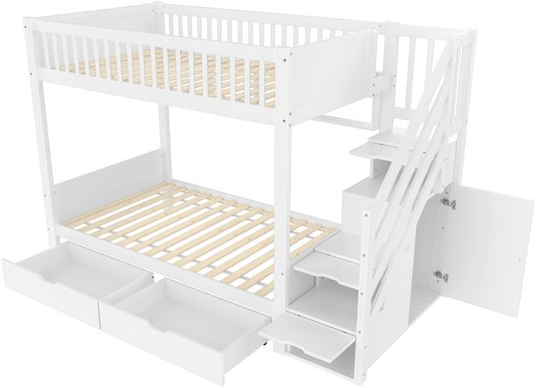 Merax Etagenbett Kinderbett 90x200cm mit 2 Schubladen Stauraumtreppe mit Kleiderschrank, weiß Bild 9
