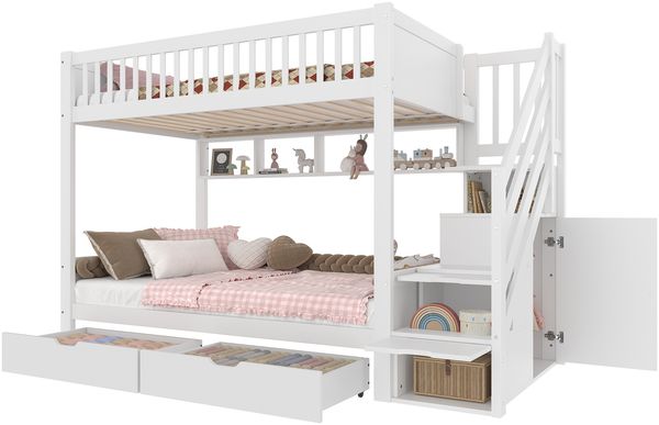 Merax Etagenbett Kinderbett 90x200cm mit 2 Schubladen Stauraumtreppe mit Kleiderschrank, weiß Bild 10