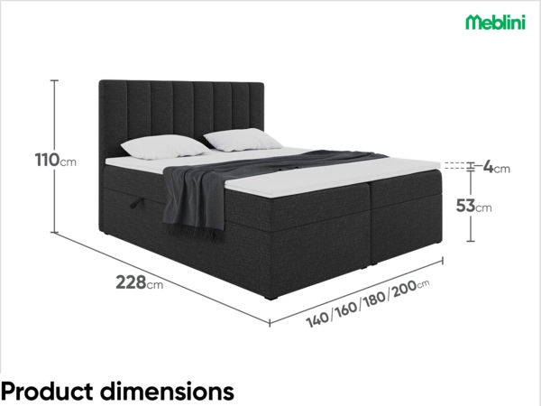 MEBLINI Boxspringbett ERLING 200x220 cm mit Bettkasten - H4/Schwarz Webstoff Polsterbett - Doppelbett mit Topper & Bonellfederkern-Matratze Bild 6