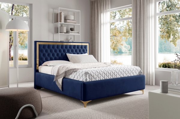 MEBLINI Polsterbett 160x200 mit Lattenrost und Matratze – ARONA GOLD – Blau Samt – Doppelbett mit Bettkasten - Stauraumbett - Kopfteil Bett mit Stauraum