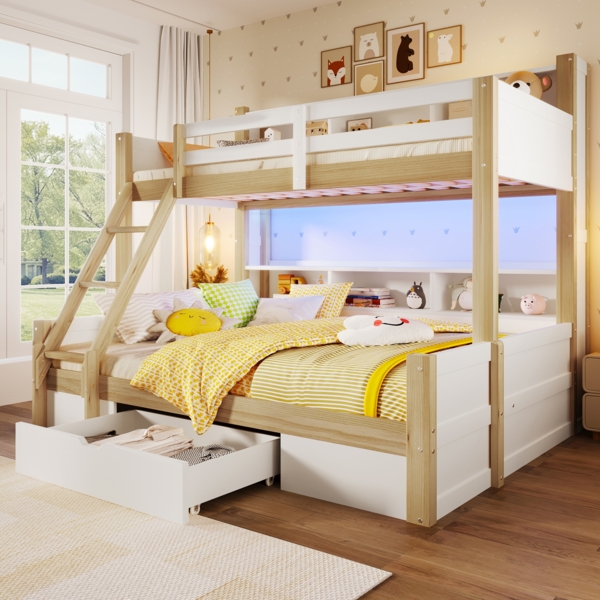 Merax Etagenbett 90x200cm/140x200cm Kinderbett Doppelbett mit Rausfallschutz, Hochbett mit Leiter, mit Schublade und Regal, Weiß + Natur