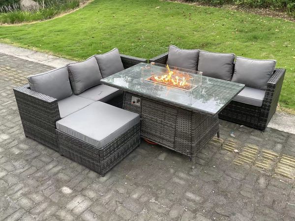 Fimous Rattan Gartenmöbel Sofa Set Gas Feuer Grube Esstisch Gas Heizung Brenner mit 3-Sitzer Sofa Großer Fußhocker 7-Sitzer Dunkelgrau gemischt