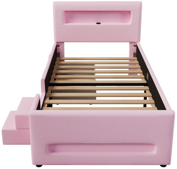 OKWISH Kinderbett Plattformbett mit LED-Lichtleisten & Schublade (mit LED-Lichtleisten & Schublade, Treppe inkl, Kunstlederbezug, 1-tlg, 218 x 97 x 95), mit Treppe