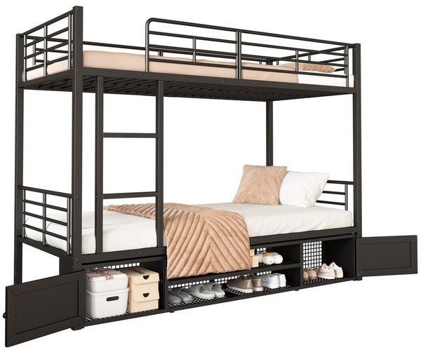 Merax Etagenbett, mit Stauraum und Leiter, Hochbett, Kinderbett, Eisenrahmen, Metallbett
