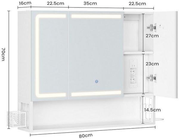 MSMASK Badezimmerspiegelschrank mit LED-Beleuchtung & Steckdose, Spiegelschrank (1-St) 3 Türen, 1 offener Einlegeboden, 80×16×70 cm, Weiß