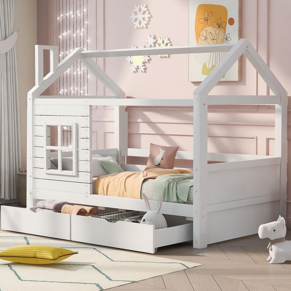Kindereinzelbett 90×200 cm aus massivem Kiefernholz mit Rausfallschutz und zwei Schubladen, weiß