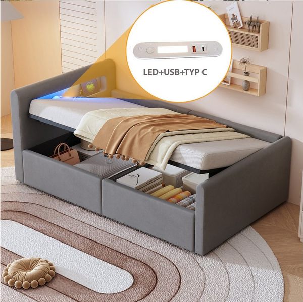 REDOM Polsterbett Funktionsbett Kinderbett (mit LED-Licht, USB-Ladeanschluss & Hydraulischem Stauraum, Samtstoff, Verstellbare Rückenlehnen, mit Regal und Nachtlicht, 90x200 cm), Inklusive Matratze