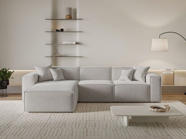 GRAINGOLD Ecksofa Arizona, Eckcouch für Wohnzimmer, Moderne Ecksofa, L-Form, Velour-Stoff, Grau, Links