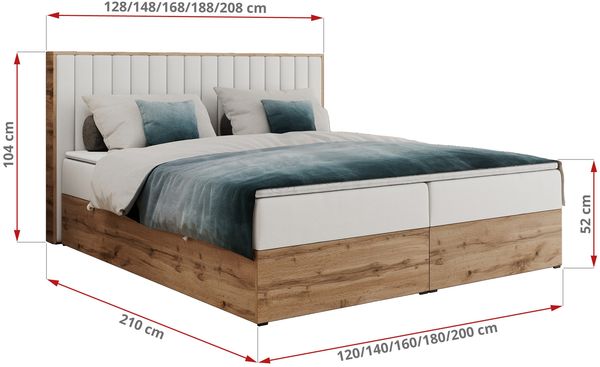 Boxspringbett mit dekorativem Kopfteil und zwei Bettkästen, Eiche Holzrahmen - ALBERO 4 - 140x200 cm - Weiß Kunstleder - H3 Bild 6