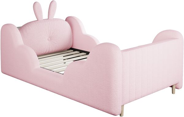 Merax Polsterbett, Kinderbett 90 × 200 cm, mit Kissen in Hasenform, seitliche Leisten in Wolkenform, niedliches Plattformbett, Teddy Samt Stoff , Rosa (Ohne Matratze) Bild 9