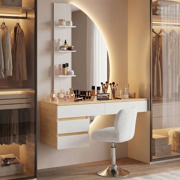 HOMALL Schminktisch Hängender Schminktisch mit drei einstellbaren Farbtemperaturen (LED-Silikon-Lichtleiste in drei Farben, Maße: 106 × 40 × 143 cm, mit 3 offenen Ablagefächern und 2 Schubladen, für vielfältige Einsatzmöglichkeiten geeignet)