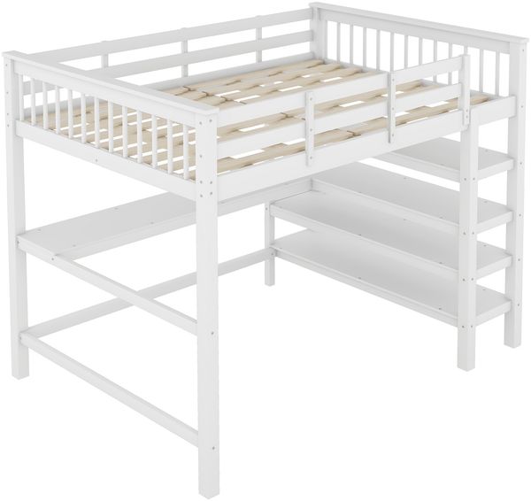 Merax Hochbett 140 x 200 Kinderhochbett mit Ablagefächern und Unterbettschreibtisch, Weiß Bild 9