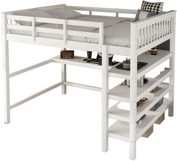 Merax Hochbett 140 x 200 Kinderhochbett mit Ablagefächern und Unterbettschreibtisch, Weiß Bild 10