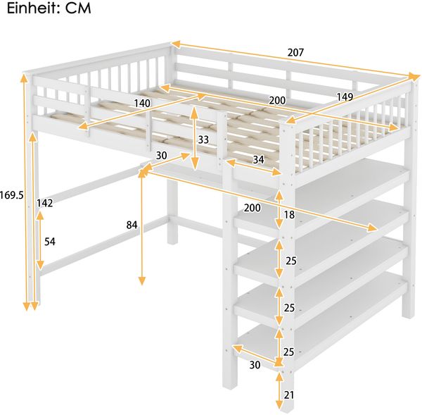 Merax Hochbett 140 x 200 Kinderhochbett mit Ablagefächern und Unterbettschreibtisch, Weiß Bild 4