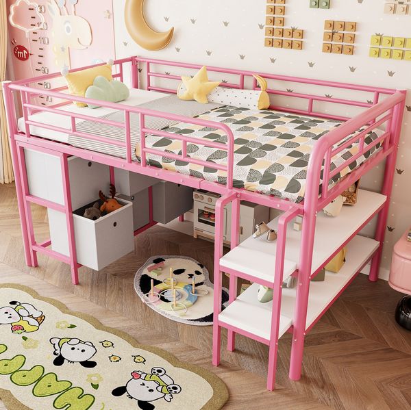Kinderhochbett 90x200 cm mit Stauraum – niedriges Metallbett mit breiten Stufen in Weiß/Rosa