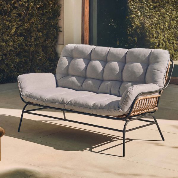 2er-Sofa HWC-P75, Gartensofa Gartenbank Couch 2-Sitzer, Stoff 220g/m² Poly-Rattan Metall ~ dunkelgrau, Polster hellgrau