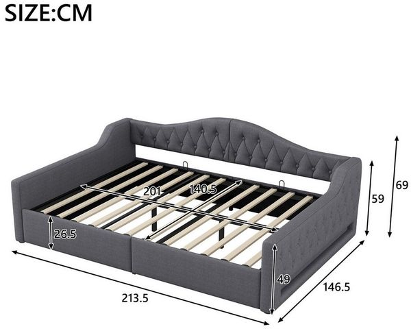 i@home Daybett 140x200 gepolstert mit LED & Stauraum, Beige/Grau, Polsterbett mit LED-Beleuchtung, Stauraum & stabilem Holzrahmen
