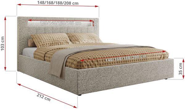 Polsterbett GOLD 5 CLASSIC 160 x 200 cm mit LED-Beleuchtung & Bettkasten, Doppelbett inkl. Lattenrost, Metall-Lift-System & Stauraum - Hellgrau Struktur Bild 7
