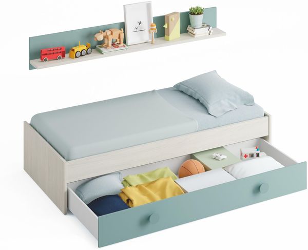 Habitdesign, Ausziehbett für Jugendliche mit 2 Liegeflächen und Wandregal, platzsparendes Funktionsbett in Alpenweiß und Aqua-Grün, Maße: 98 x 43 x 200 cm (B x H x T), Modell Snuba (ohne Lattenrost)