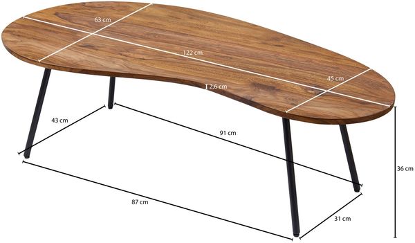 Design Couchtisch WL5.617 122 x 36 x 63 cm Sheesham mit Metallbeinen Schwarz, Nierentisch Massivholz, Holztisch Tischbeine Metall, Cooler Massivholztisch, Tisch Flach Modern Bild 4