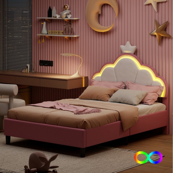 Furnishings Home Kinderbett Polsterbett Prinzessinnenbett Kronenform LED (Geeignet für Jugendliche und Kinder), krone-Form, Mit LED-Beleuchtung, Samt, 90x200 cm