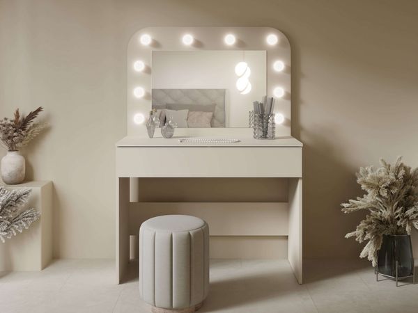 OTTO home Schminktisch NANCY,BE A STAR! Hollywood Spiegel+Beleuchtung, Schublade Soft Close (B/T/H: 100/42,5/142cm, Farbei Kaschmir Beige), Kosmetiktisch mit viel Stauraum, LED, Soft-Close