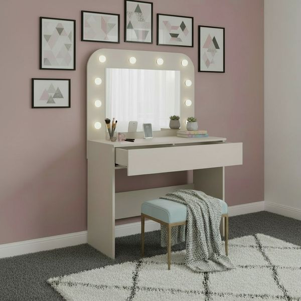 OTTO home Schminktisch NANCY, Hollywood Spiegelmit Beleuchtung, Schublade Soft Close (B/T/H: 100/42,5/142cm, Farbe Kaschmir Beige), Kosmetiktisch mit viel Stauraum, LED, Soft-Close