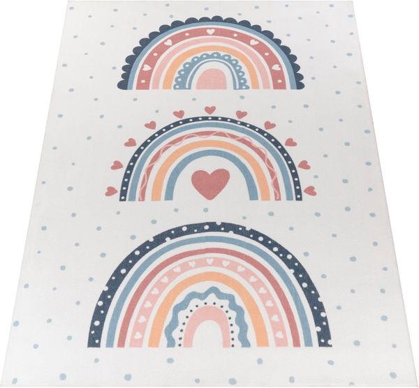 Paco Home Kinderteppich Eliz 392, rechteckig, Höhe: 12 mm, Kurzflor, Spielteppich, Patchwork-Muster, Motiv Punkte & Regenbogen