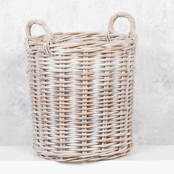 Rattankorb BAKUL rund White-Wash 40cm Durchmesser mit Griffen Aufbewahrungskorb Korb