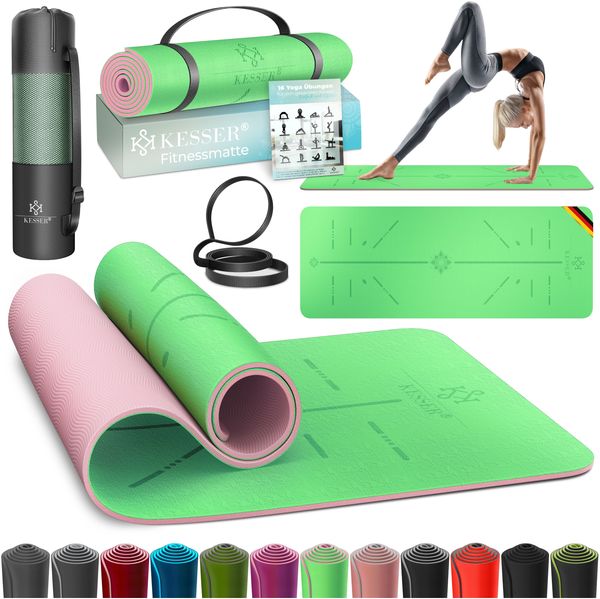 KESSER® Gymnastikmatte mit Tragegurt rutschfest TPE Yogamatte Gepolstert & rutschfest Fitnessmatte , 183x61 Trainingsmatte für Fitness Sportmatte, Pilates & Gymnastik Workout extradick Mint / Rose