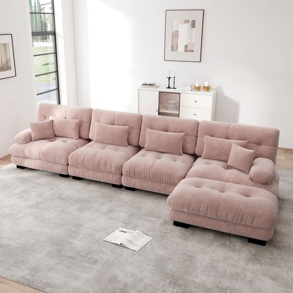 Sofa 4‑Sitzer, modular – Vintage-Chenille Rosa, tiefer Sitz & bewegliche Ottomans,H 81 x T 406 x B 145 cm