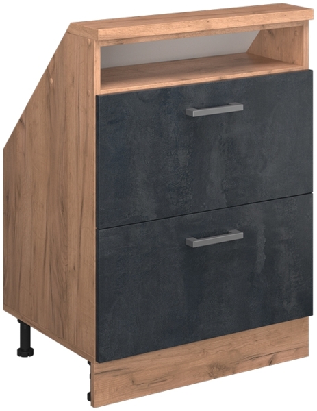 Küchenschrank für Dachschrägen R-Line Schwarz Beton 60 cm mit 2 Schubladen Vicco