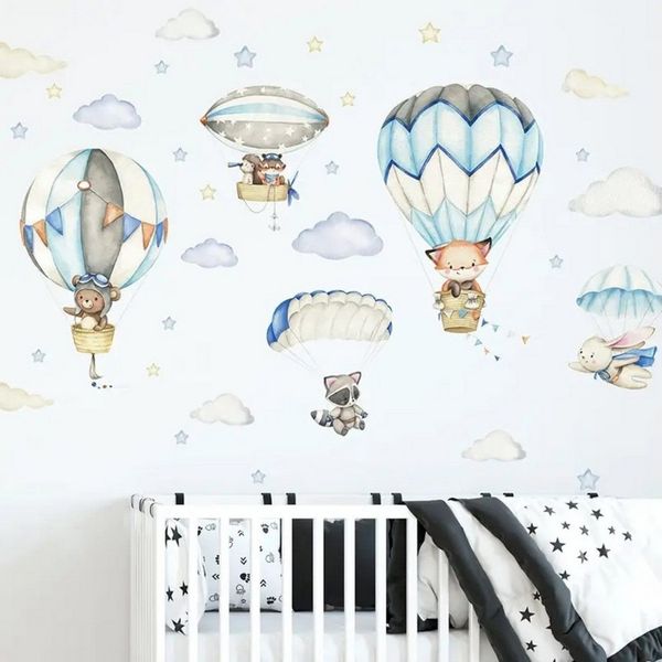 Montegoni Wandsticker Kinder Tier Heißluftballon Wandsticker,Wandaufkleber Deko (Wandtattoo mit Waldtieren für Kinderzimmer, aquarell tiere heißluft ballon wolken aufkleber), wasserdichte abnehmbare, kindergarten haus dekoration
