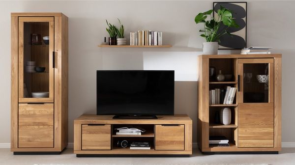 Massivart® Highboard GRENO 112 cm / Massivholz Wildeiche geölt / Metallgriffe, 1 Tür / 1 Glas- und 2 Einlegeböden / 4 offene Fächer