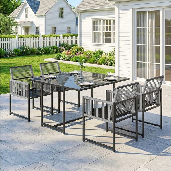 Outsunny Garten-Essgruppe mit 4 Atmungsaktiven Stühlen, klappbar Rückenlehne, Seilflecht, (Sitzgruppe, 5-tlg, Gartenmöbel Set), für Garten Balkon Terrasse Hellgrau