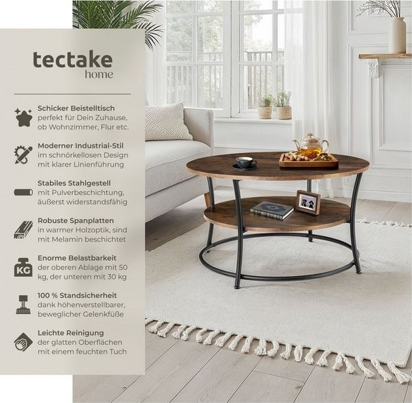 tectake Couchtisch Beistelltisch Cromford 80x46cm (1-St, 1 tlg), Geschwungener Couchtisch im angesagten Industrie-Stil