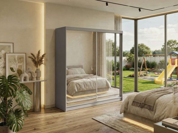 Schwebetürenschrank DUBROWNIK mit großer Spiegelfront, moderner Kleiderschrank, Breite 200 cm - Grau - inkl. Schubladen