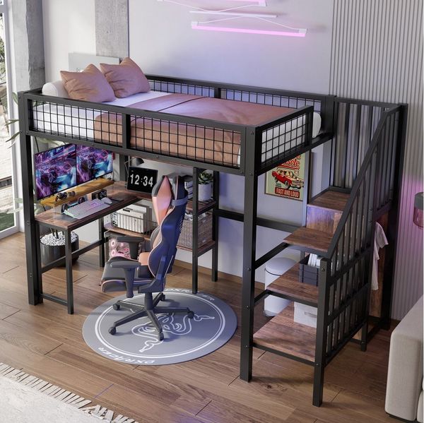 Ulife Hochbett mit Eisenrahmen, Untertisch, mehreren Einlegeböden, Einbauschrank (Ohne Matratze) Eisenbett, Kinderbett, Jugendbett 90x200 cm