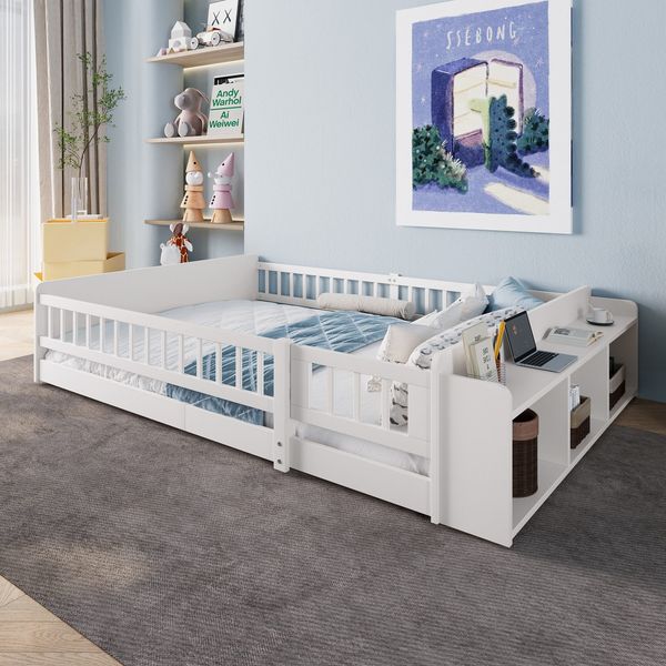 Kinderbett mit Lattenrost und Zaun (140x200 cm) Rausfallschutz, Stauraum, Einzelbett, Holzbett, Kiefer