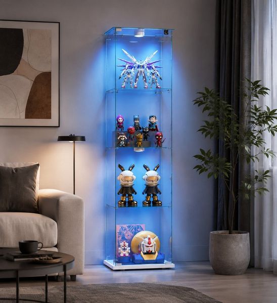 Simurq Glasvitrine Standvitrine mit LED und 1 Glastüren, 4 Lagen Glas Vitrinenschrank (schauvitrine, Glasschrank mit 1 Türen,Schloss,40 x 35 x 163 cm, Sammlervitrine)