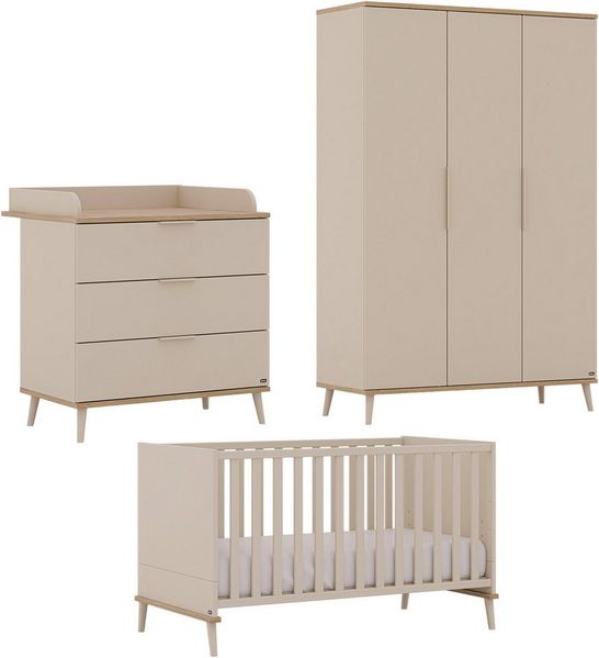 YUNY by PAIDI Babymöbel-Set HAZEL, 3-teiliges Babyzimmer in Beige, modernes Komplettset, (Spar-Set, 3-tlg, 70x140 cm Babybett, Kleiderschrank 3-türig, Wickelkommode inkl. Aufsatz), Kinderzimmer, Soft-Close-Funktion, Mitwachsendes Bett inkl. Lattenrost