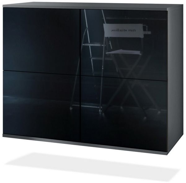 Vladon Kommode Rova V3 (Moderner Küchenschrank, mit 4 Push-to-Open Türen), Anthrazit matt / Schwarz Hochglanz (92,5 x 73.5 x 35)