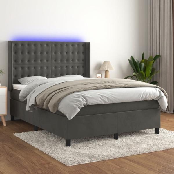 vidaXL Boxspringbett mit Matratze & LED Dunkelgrau 140x200 cm Samt 3139806