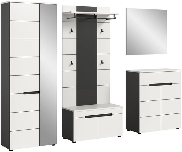 furnling Garderoben-Set Cano, (2-St, Garderobenpaneel, Garderobenschrank, Schuhkommode, Sitzbank, Spiegel), Flurmöbel, Garderobenmöbel, Breite 255 cm, Basalt grau/weiß