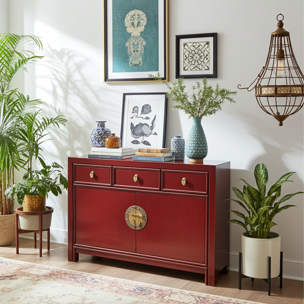 Vintage Kommode Rot Dunkelrot Messingkreis chinesisch Schrank Sideboard Kolonial-Stil Antik-Stil Lowboard asiatisch orientalisch Fernost shabby-chic Landhaus