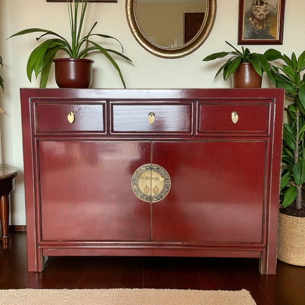Vintage Kommode Rot Dunkelrot Messingkreis chinesisch Schrank Sideboard Kolonial-Stil Antik-Stil Lowboard asiatisch orientalisch Fernost shabby-chic Landhaus