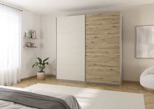 rauch Quadra, Kleiderschrank, Schiebetürenschrank, 2-türig, mit 2 Kleiderstangen und 4 Einlegeböden, Farbe Beige/Eiche Artisan, BxHxT 226x229x61cm