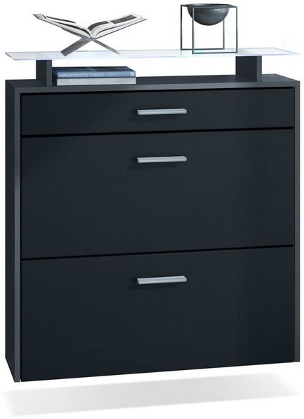 Vladon Schuhschrank Malea, Anthrazit matt/Schwarz matt inkl. LED - hängender Schuhkipper für 16 Paar Schuhe (89 x 96 x 23 cm)